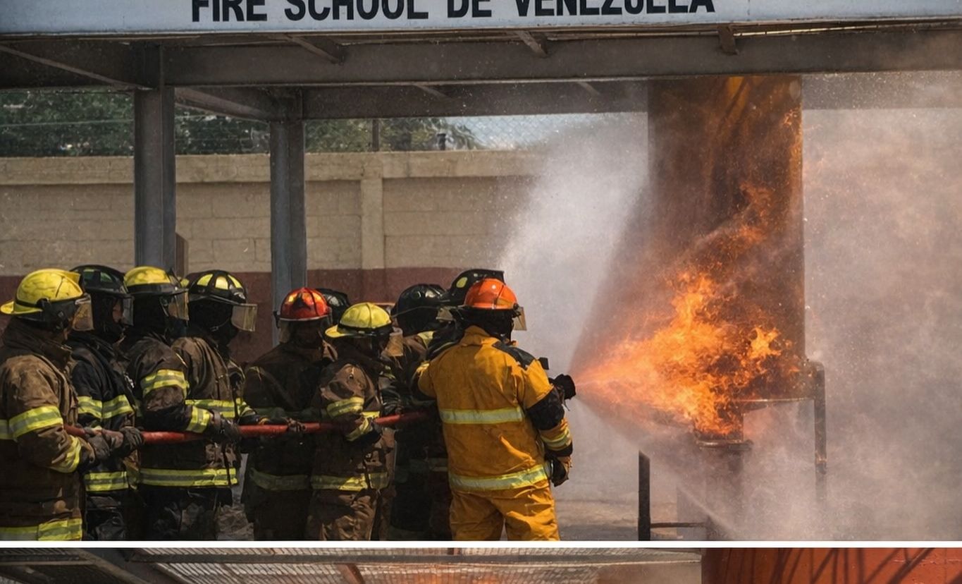 Brigadistas con equipo de bombero atacando un incendio en el campo de Fire School